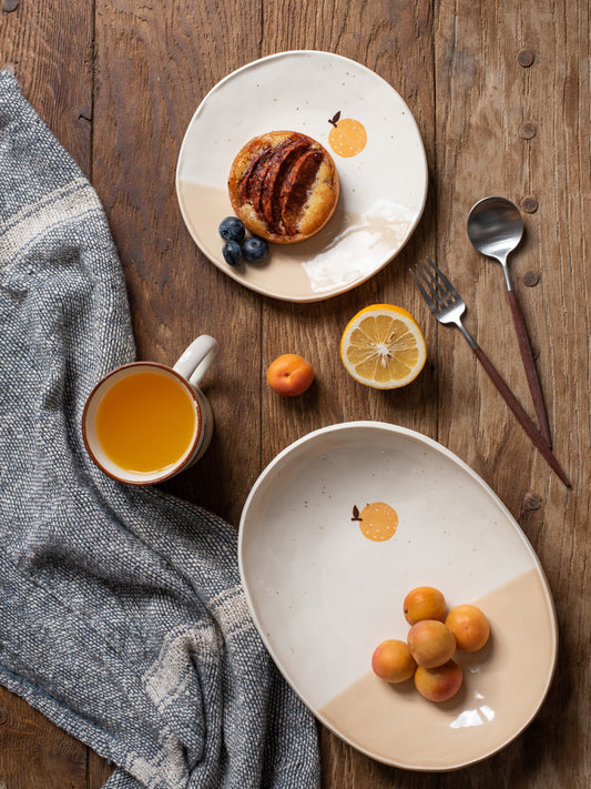 IZAWA 可愛柚子/藍色小魚 美濃燒瓷器仿粗陶 橢圓盤咖喱盤