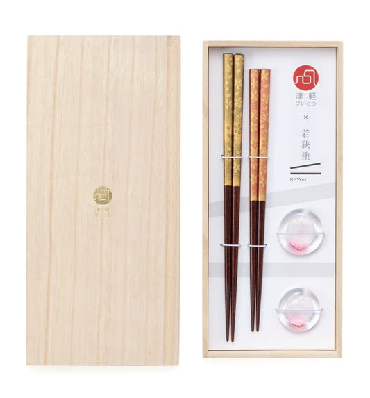 津輕琉璃 若狹塗金色櫻花對筷連筷架禮盒