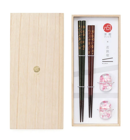 津輕琉璃 若狹塗櫻花水雲集對筷連筷架禮盒